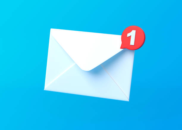 White mail envelope with red marker message on blue background White mail envelope with red marker message on blue background. Envelope falling on the ground. Email notification. Minimal design. 3D rendering illustration email inbox stock pictures, royalty-free photos & images