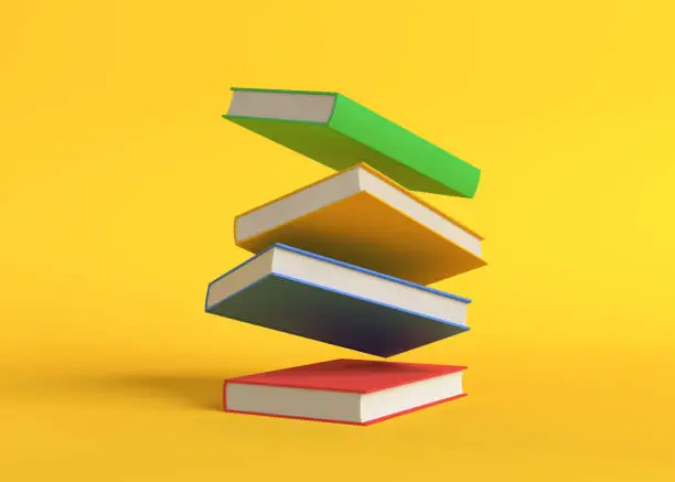 Flying color books on pastel yellow background. Levitation. Education concept. 3d rendering illustration