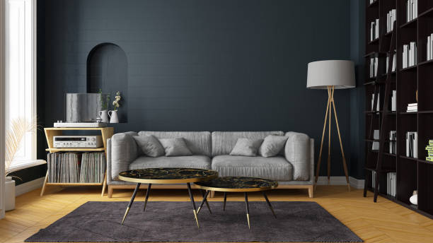 cozy living room interior with sofa and library - mirror pattern imagens e fotografias de stock