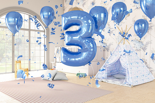 3 Years Old Party with Balloons in Child's Room. 3d render