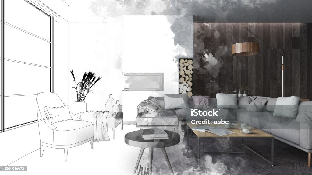 Half Drawing Sketch Modern Living Room Interior Half Drawing Sketch Modern Living Room Interior. 3d Render Sketch Stock Photo