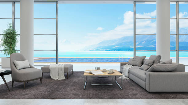istock Summer Villa Interior with Pool and Sea View 1304916765