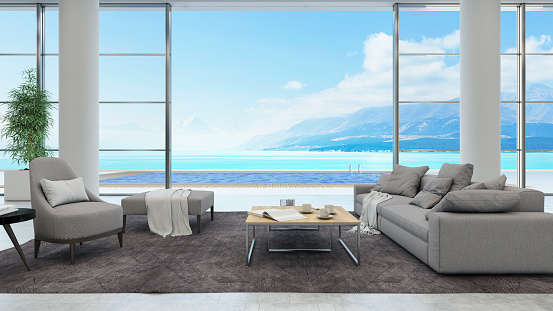 Summer Villa Interior with Pool and Sea View. 3d render