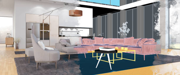 istock Half Sketch Drawing Living Room Panorama 1304916836