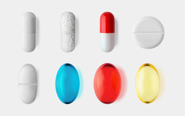 pigułki zestaw izolowane 3d realistyczna ilustracja wektorowa. koncepcja medyczna i zdrowotna. medycyna farmaceutyczna.  suplementy pigułki, składniki odżywcze, probiotyki, środek przeciwbólowy, antybiotyk - red pills stock illustrations