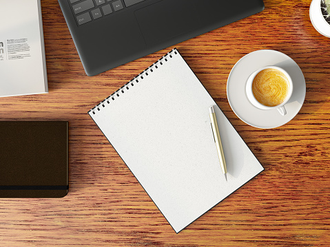 Blank Notepaper with Coffee and Laptop Above View. 3d render