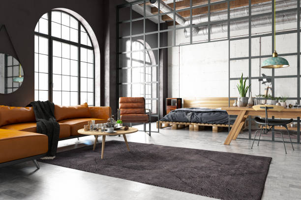 インダストリアルスタイル ロフト ベッドルーム リビングルーム付き - loft apartment indoors contemporary sparse ストックフォトと画像