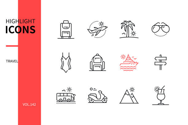 ilustrações de stock, clip art, desenhos animados e ícones de travel - modern line design style icons set - beach nautical vessel party clothing