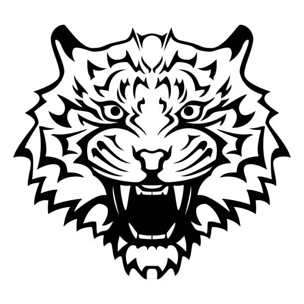 Vector illustration of Tiger head with an open mouth and bared fangs - black and white vector tattoo illustration