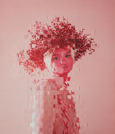 Collage analógico con retrato femenino en colores rosas photo