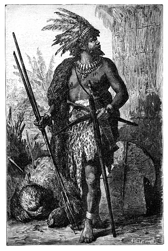 Chieftain or tribal chief with killed gorilla. Congo. Culture and history of Central Africa. Vintage antique black and white illustration. 19th century.