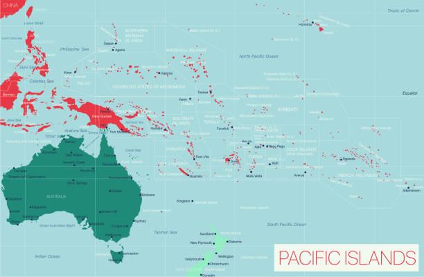 wyspa pacyfiku szczegółowa edytowalna mapa - usa netherlands stock illustrations