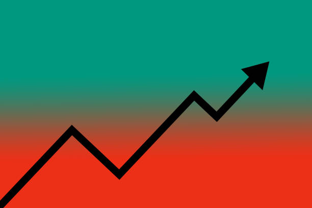 Graph with arrow on gradient teal and red background for a concept of achievement