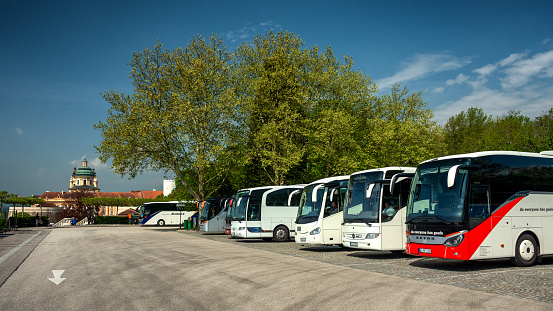 Tourist Busses lined up at Parking Lot at Melk Abbey, Austria 01.05.2019