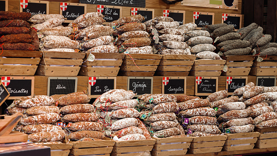 Traditional salami shop in Annecy, France, Haute-Savoie