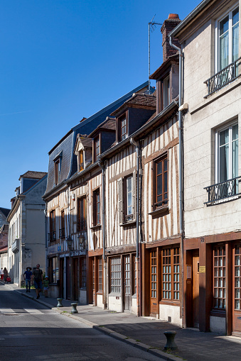 Compiègne, France - May 27 2020: Half-timbered townhouses rue de Paris.