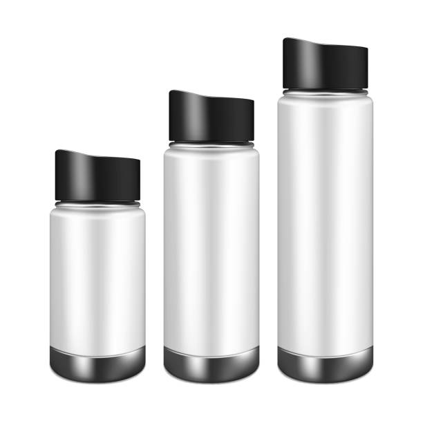 illustrazioni stock, clip art, cartoni animati e icone di tendenza di bottiglia d'acqua termale. pallone thermos. tazza termo da viaggio. piccolo, medio, grande. set di modelli vettoriali - insulated drink container bottle container white background