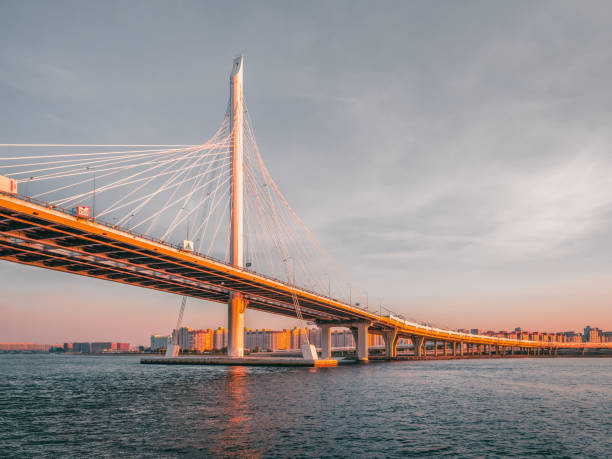 istock Neva River in St. Petersburg. Small cable-stayed bridge. 1304928506