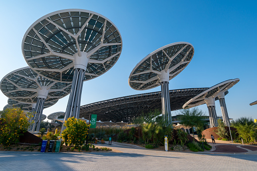 Dubai, United Arab Emirates - February 4, 2020: Characteristic architecture of EXPO 2020 Terra Sustainability Pavilion for the postponed EXPO which will be held in 2021 in Dubai, United Arab Emirates