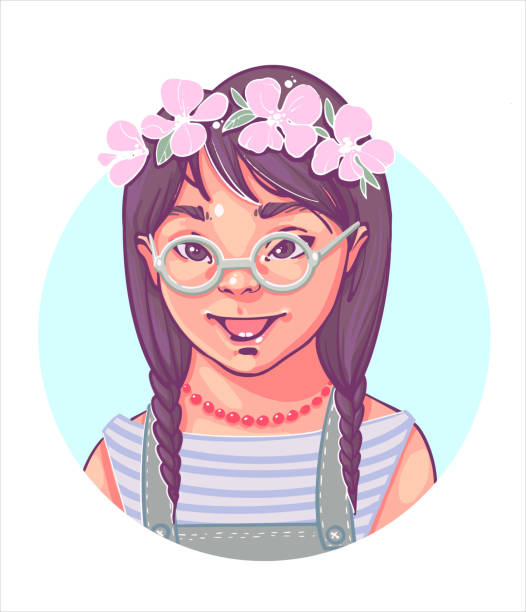 ilustrações, clipart, desenhos animados e ícones de síndrome de down. retrato colorido de uma menina com síndrome de down de 4 a 5 anos, uma menina sorridente fofa com óculos e uma coroa de flores brancas em seu cabelo. e desenhada ilustração vetorial isolado em fundo branco. - 4 5 years illustrations