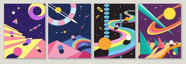 Bright colorful abstract designs with planets and winding road Set of four different bright colorful abstract designs with planets and winding road in geometric shapes for posters and cards, colored vector illustrations psychedelic art stock illustrations