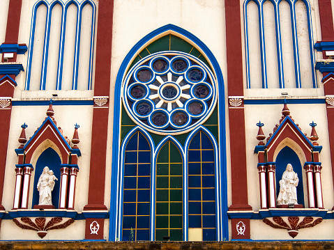 Facade of the Our Lady of the Rosary Basilica in the town of Moniquira, in the department of Boyaca, Colombia.