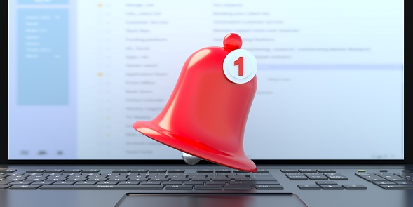 One new notification, Notification bell icon on computer laptop background. Social Media ui red color element. Web symbol app, user interface, 3d illustration