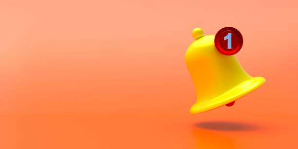 istock Notification bell icon yellow number one on orange color background, copy space. 3d illustration 1304930749