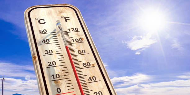 istock Thermometer on blue sky background, temperature forty degrees Celcius. 3d illustration 1304930763