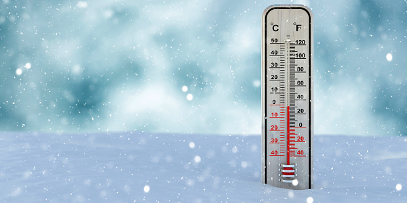 Snowfall, cold winter days. Weather thermometer outdoors in snow, frosty environment, temperature 30 degrees Fahrenheit, copy space. Measurement and in Celcius scale. 3d illustration