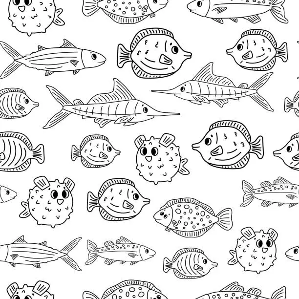 Vector illustration of Seamless animal Doodle pattern isolated. Set of outline cartoon vector fish, tang, flounder, tuna, ocean burrfish, sea marlin. Black white illustration for coloring children's book or prints.