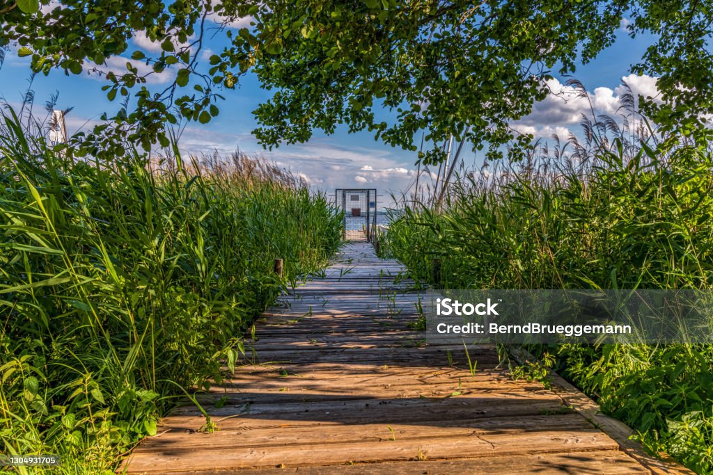 A jetty with a closed gate, seen in Mardorf, Lower Saxony, Germany A jetty with a closed gate and the Steinhuder Meer in the background, seen in Mardorf, Lower Saxony, Germany Steinhuder Meer Stock Photo