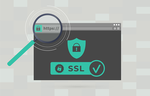 Website with safe https SSL certificate encryption. Browser window with HyperText Transfer Protocol Secure url in web address bar. Advantage TLS Transport Layer Security. Flat Vector illustration