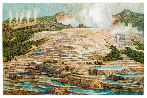 Illustration of a Sinter terraces of the Teterata fountain in New Zealand