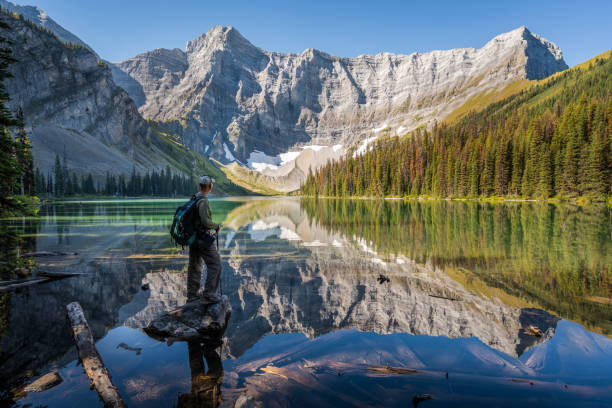 caminhante olhando para a vista no lago rawson em kananaskis country, alberta, canadá - kananaskis country - fotografias e filmes do acervo