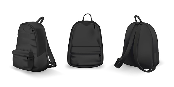 Black backpack design front, back and side view set. College or school rucksack mockup vector illustration. Realistic youth pack of fabric for study or sport with shadows isolated on white background.