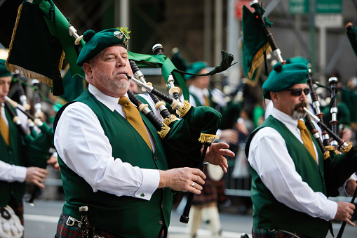 New York, USA - March 17, 2016: Marching band at the St. Patrick's Day Parade along 5th Avenue.