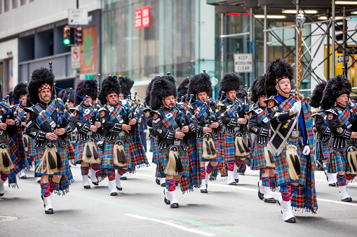 New York, USA - March 17, 2016: Marching band at the St. Patrick's Day Parade along 5th Avenue.