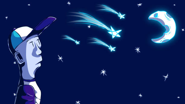istock Comic cartoon illustration - Child looks at shooting stars. 1304935557