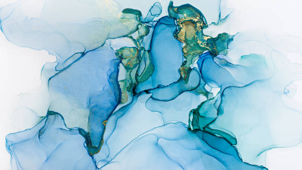 istock Blue and shiny golden alcohol ink abstract texture 1304935631