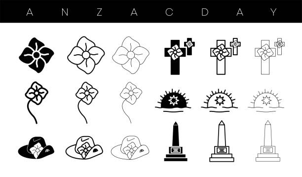 ilustraciones, imágenes clip art, dibujos animados e iconos de stock de el día de anzac diseña un conjunto de iconos. símbolo, web y diseño de banner. ilustración. - new zealand culture