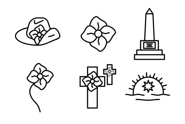 ilustraciones, imágenes clip art, dibujos animados e iconos de stock de el día de anzac diseña un conjunto de iconos. - new zealand culture