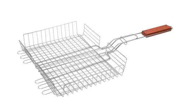 BBQ grill basket, stainless steel with wooden handle isolated on white.