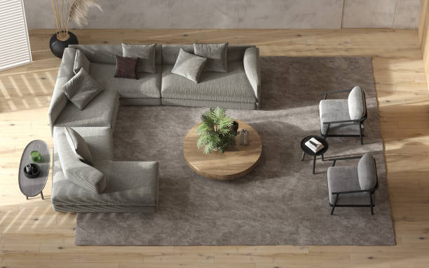 istock Minimalism modern interior  scandinavian design. Bright studio living room. Cozy design large modular sofa, armchair, wooden lamp, tv and green plants.  View from above. 3d render. 3d illustration. 1304940351