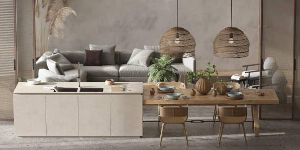 istock Minimalism modern interior  scandinavian design. Bright studio living, kitchen and dining room. Table with dishes, kitchen island and green plants. 3d render. 3d illustration. 1304940355