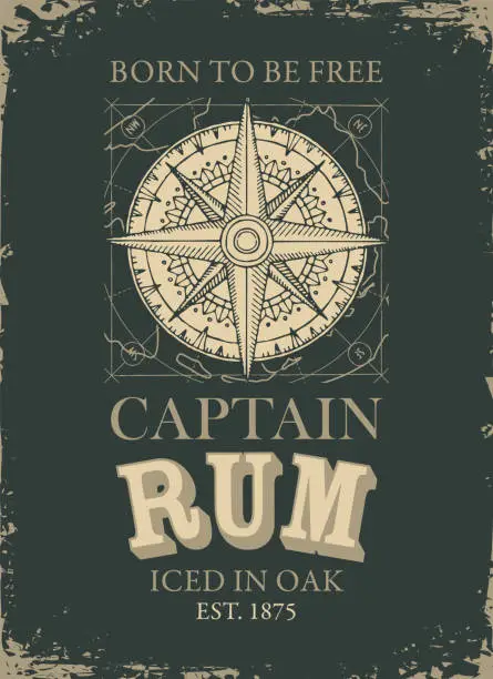 Vector illustration of vector label for a captain rum in a grunge style