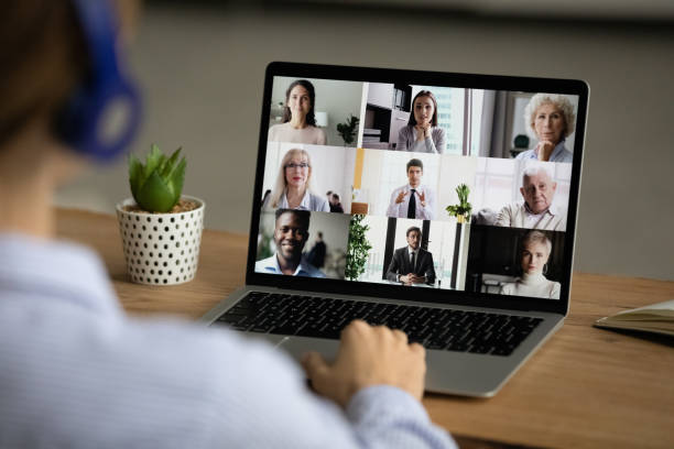 istock Woman have webcam team online meeting on computer 1304943875