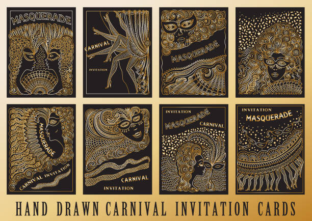 Vector set of abstract Masquerade, Mardi Gras holiday cards. Carnival Party invitation. Gold hand drawn doodle sketch on a black background. Hand drawn ornaments, feathers, checkered texture Vector set of abstract Masquerade, Mardi Gras holiday cards. Carnival Party invitation. Gold hand drawn doodle sketch on a black background. Hand drawn ornaments, feathers, checkered texture evening ball stock illustrations