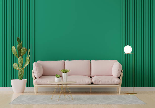 istock Pink sofa in green living room interior with free space, 3D rendering 1304945017