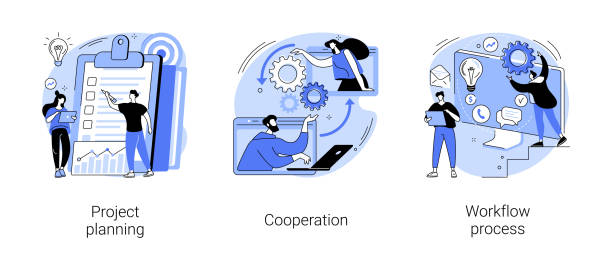 Business process abstract concept vector illustrations. Business process abstract concept vector illustration set. Project planning, cooperation, workflow process, business analysis, vision and scope, boost productivity, partnership abstract metaphor. agile workflow stock illustrations